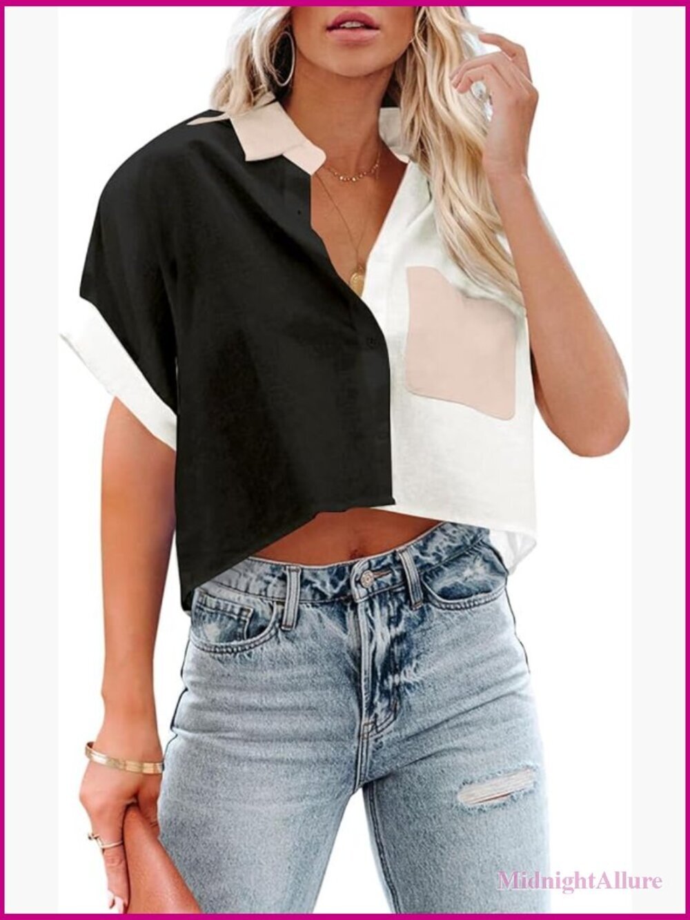 Button Down Crop Top Striped Blouse Casual Lightweight Short Sleeve Shirt